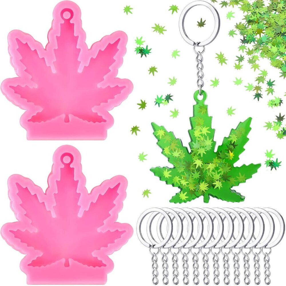 2 Pieces Silicone Maple Leaf Molds with 12 Pieces Keyring Chain with 20g Green M